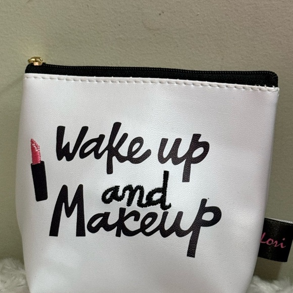 White Makeup Pouch with Black and Pink Design - Picture 2 of 2